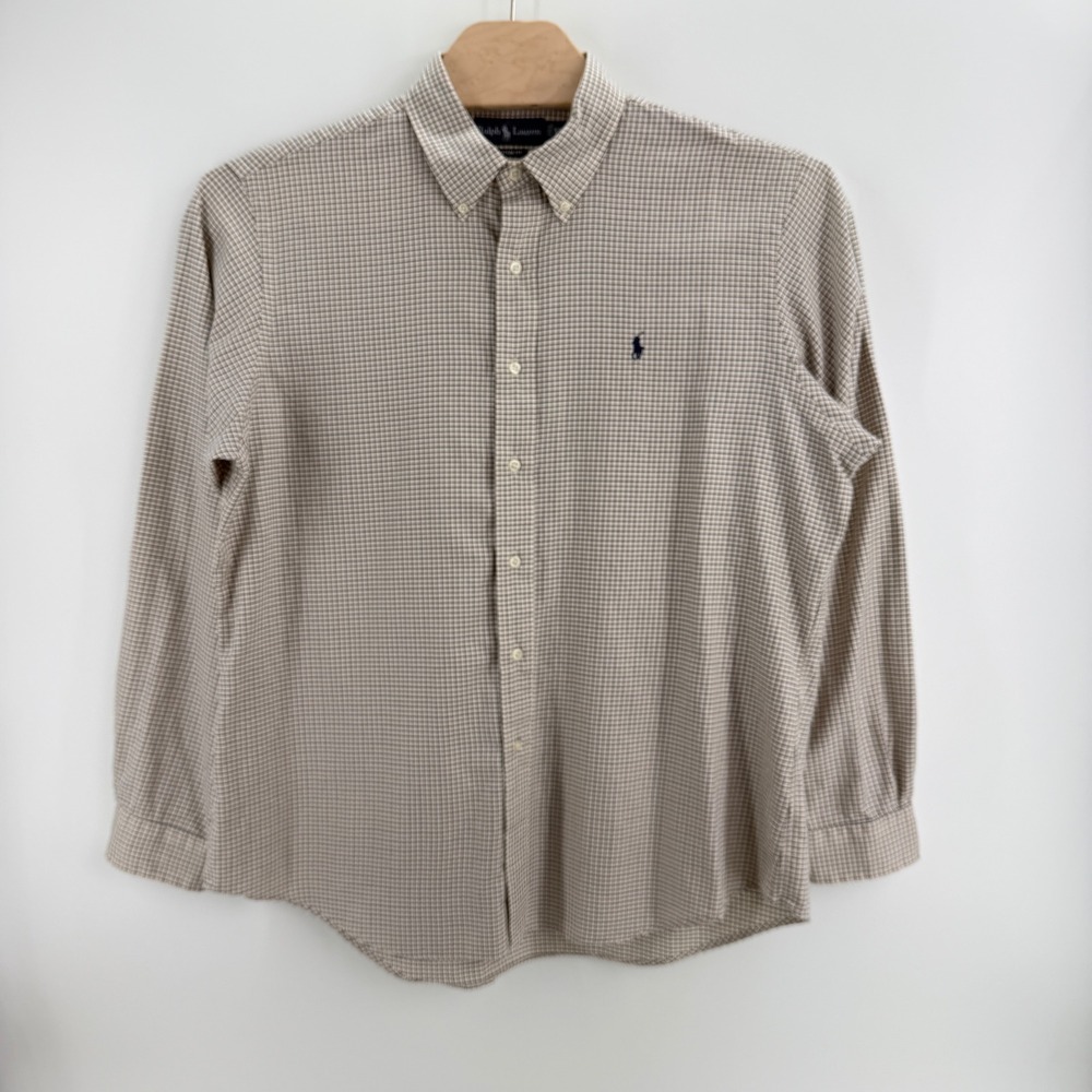 Ralph Lauren Custom Fit Shirt XL Cotton Micro Check Tan Navy Preppy Classic Polo